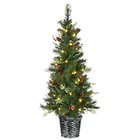 5ft. Pre-Lit Buzzard Pine Artificial Christmas Tree in Woven Planter, Warm White LED Lights
