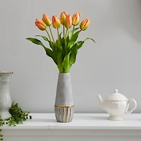 22" Yellow-Orange Dutch Tulip Arrangement in Gold Trim Stoneware Vase