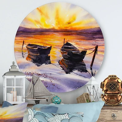 Designart - Sunset and Two Small Boats Parking On The Shore