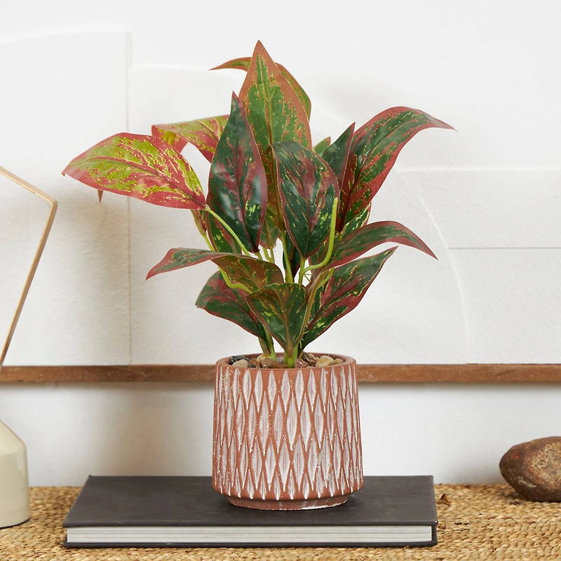 14" Croton Artificial Plant with Geometric Patterned Pot