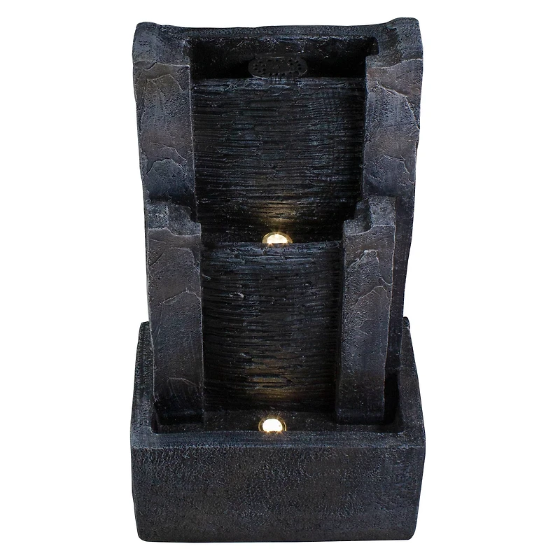 23.5" Black & Gray Modern Lighted Three-Tier Outdoor Garden Water Fountain