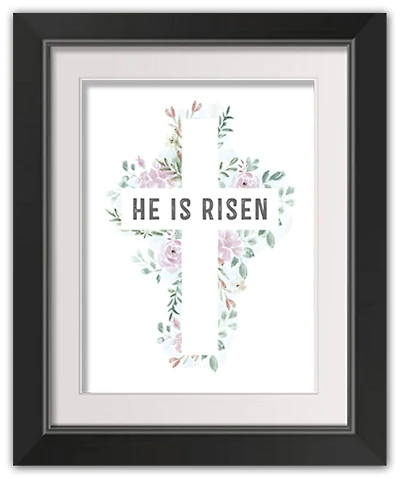 Watercolor Floral Cross Risen 11" x 14" Black Framed Print Under Plexiglass