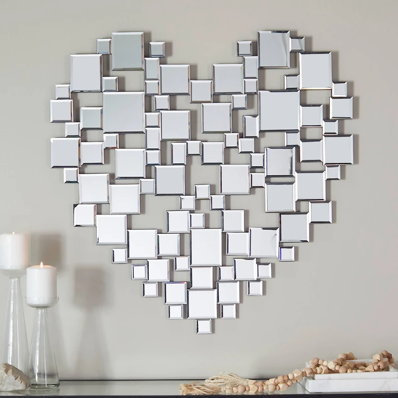 The Novogratz Silver Glass Shaped Mirrored Heart Wall Mirror 32" x 1" x 32"