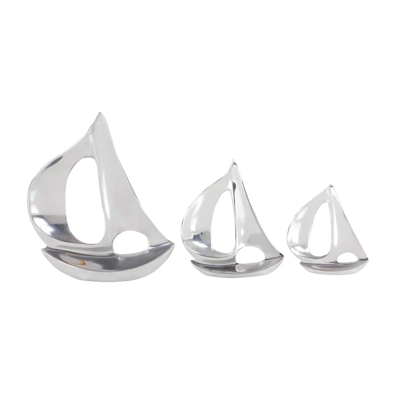 Set of 3 Silver Aluminum Coastal Sail Boat Sculpture, 12", 8", 7"