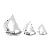 Set of 3 Silver Aluminum Coastal Sail Boat Sculpture, 12", 8", 7"