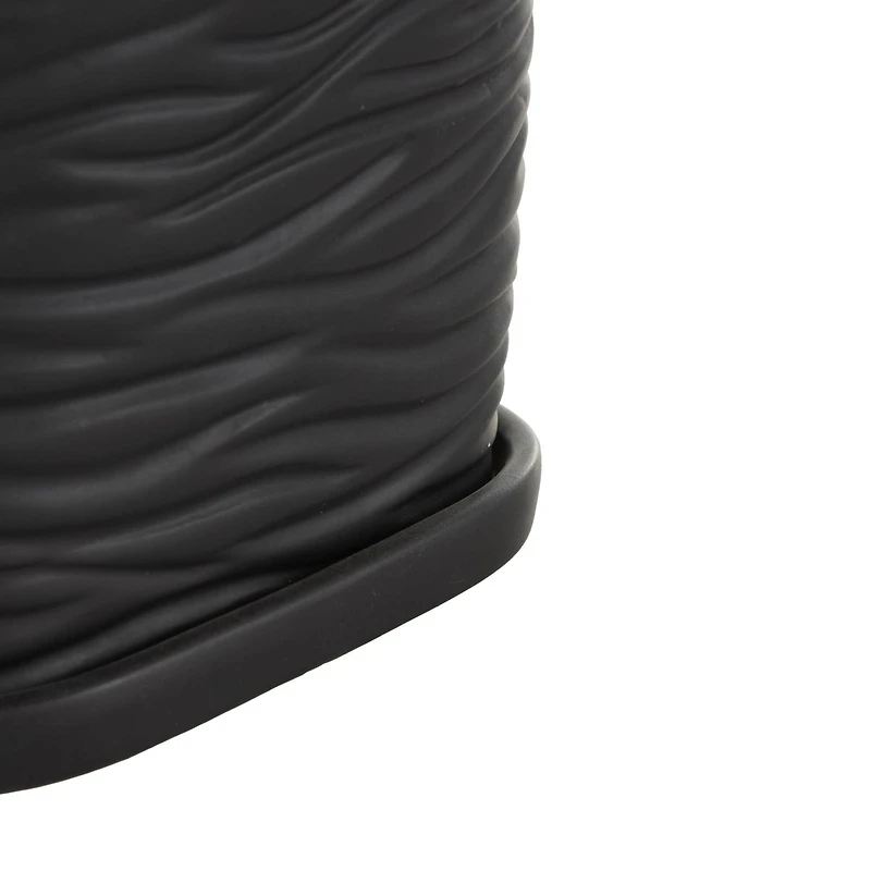 Black Wavy Ribbed Ceramic Planter Set