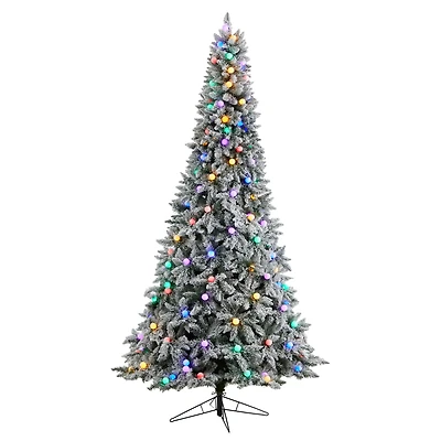 9.5ft. Pre-Lit Flocked British Columbia Mountain Fir Artificial Christmas Tree, Multicolor Globe Bulbs