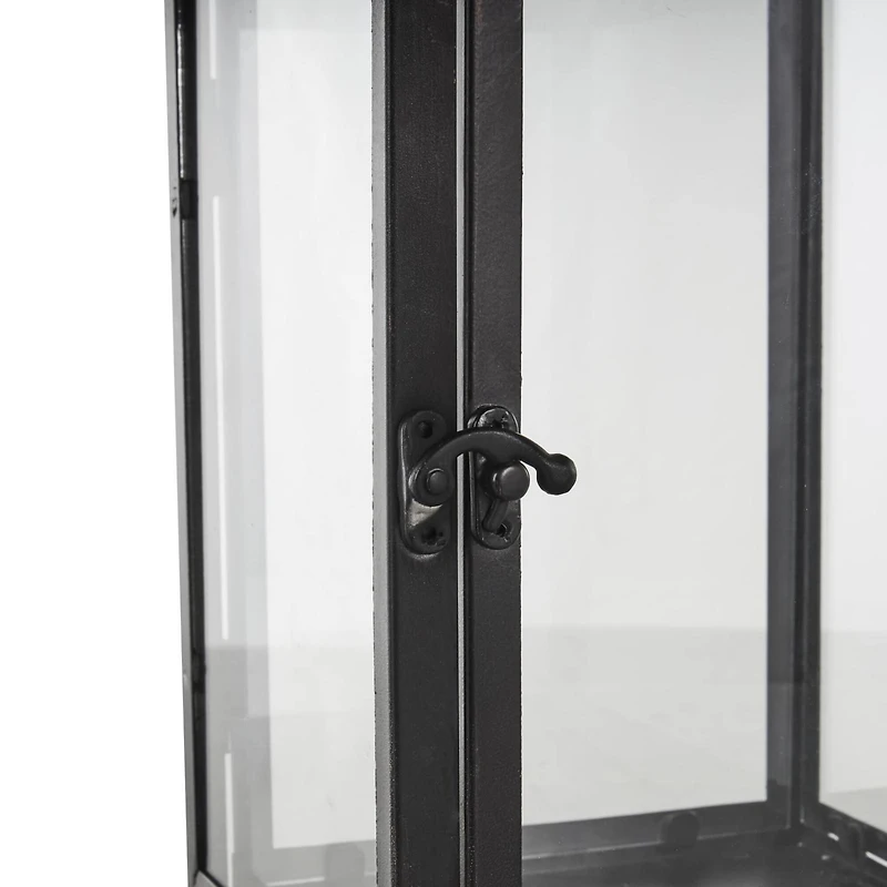 14" Black Metal Modern Candle Lantern with Gold Accents