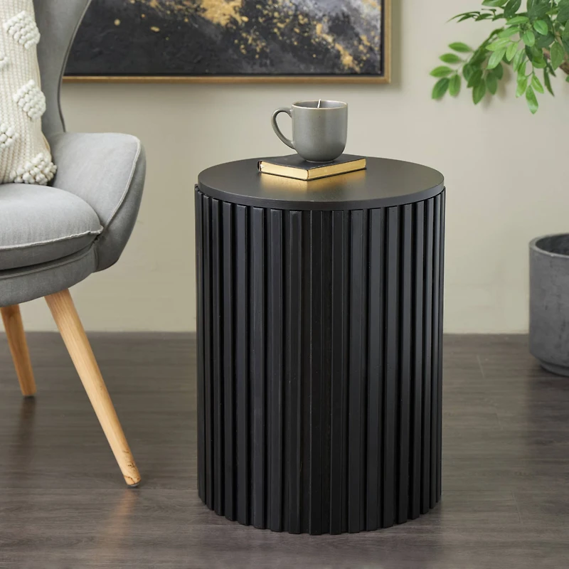 21.25" Black Wood Handmade Ribbed Side End Accent Table with Slatted Base
