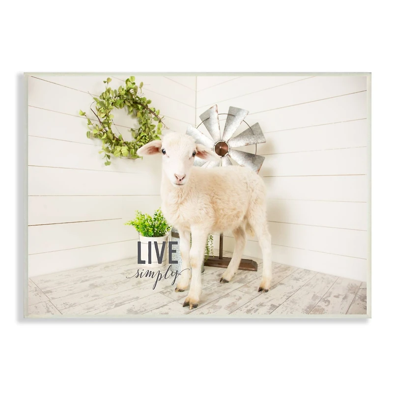 Stupell Industries Live Simply Baby Sheep with Greenery Photograph Wood Wall Plaque