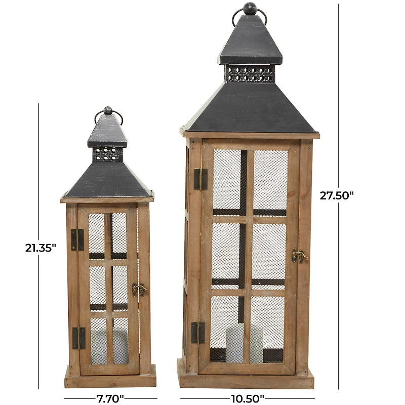 Brown Wood Lighthouse Style Candle Lantern Set