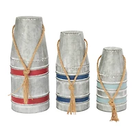 Gray Metal Buoy Striped Sculpture with Rope Handles Set