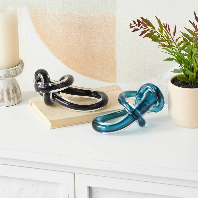 6.75" Black & Blue Abstract Knot Glass Sculpture Set