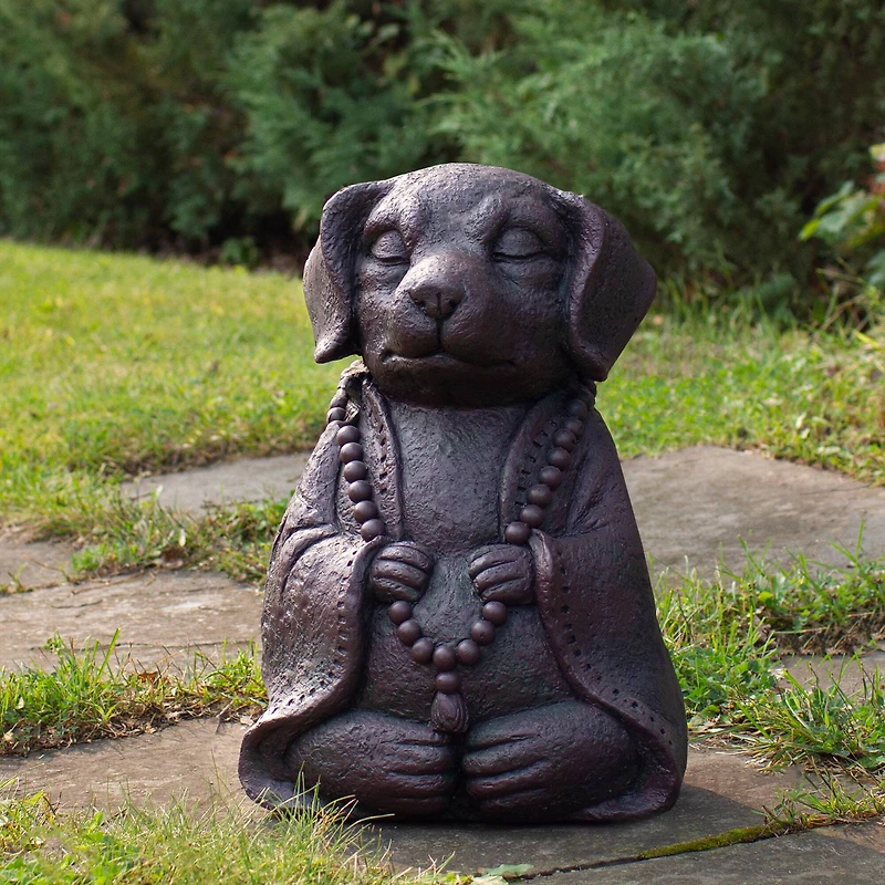 17" Dark Gray Meditating Buddha Dog Outdoor Garden Statue