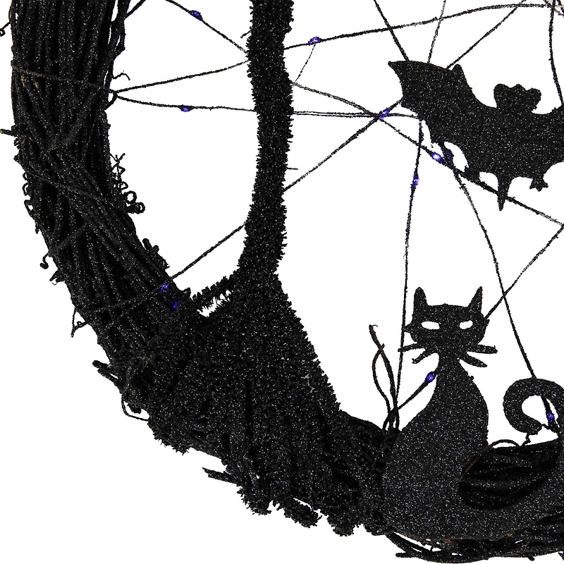 13" Black & Purple LED Halloween Twig Wreath with Bats