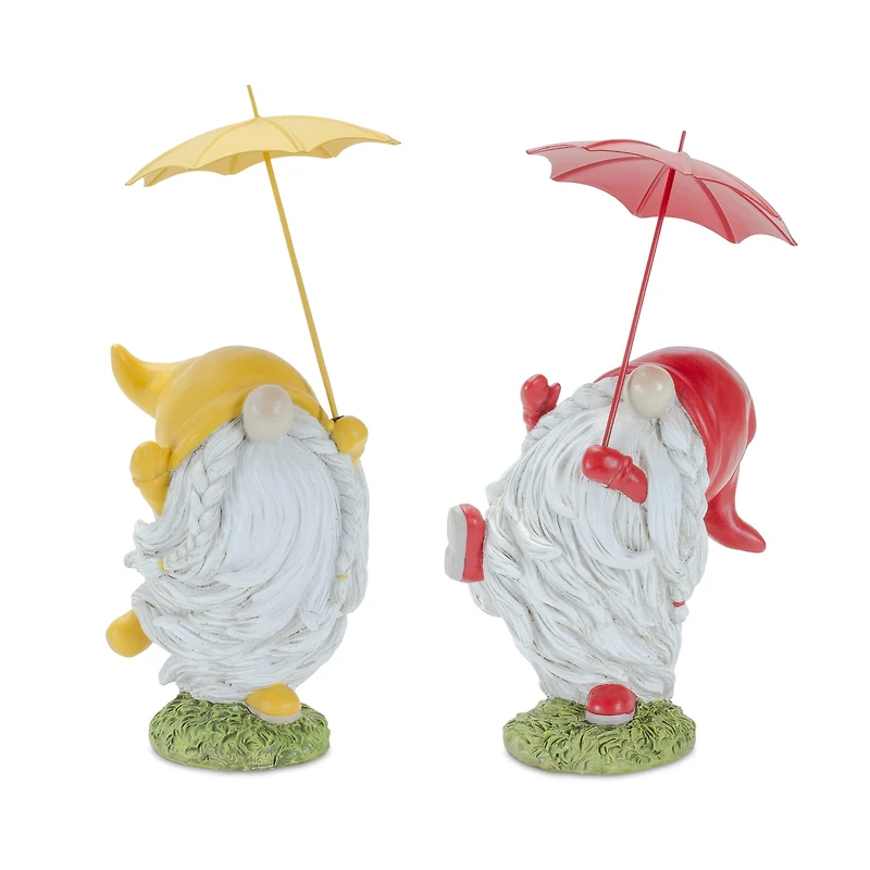 Whimsical Dancing Garden Gnome Figurines with Umbrellas Set