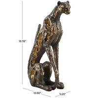 19" Bronze Polystone Distressed Textured Sitting Leopard Sculpture with Cutouts & Gold Accents