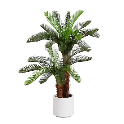 40in. UV Resistant Artificial Double Cycas Palm Tree in White Decorative Planter (Indoor/Outdoor)