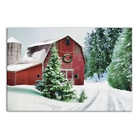 Painted, Snowy Red Barn 30x20 Canvas Wall Art