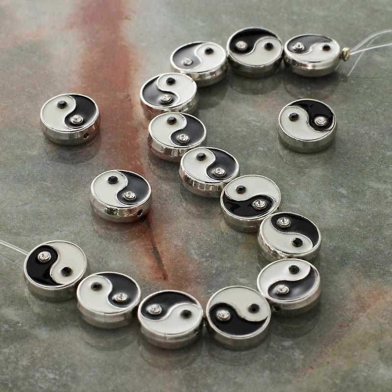 Black & White Enamel Metal Coin Yin Yang Beads, 11mm by Bead Landing™