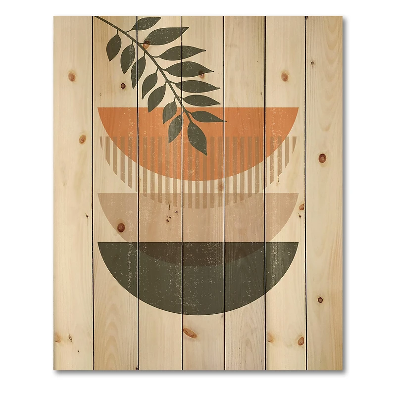 Designart - Abstract Geometrical Sun and Moon With Leaf II - Modern Print on Natural Pine Wood