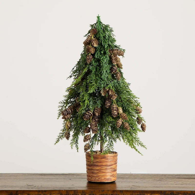 2ft. Artificial Down Swept Cedar Christmas Tree with Pinecones in Rustic Decorative Planter