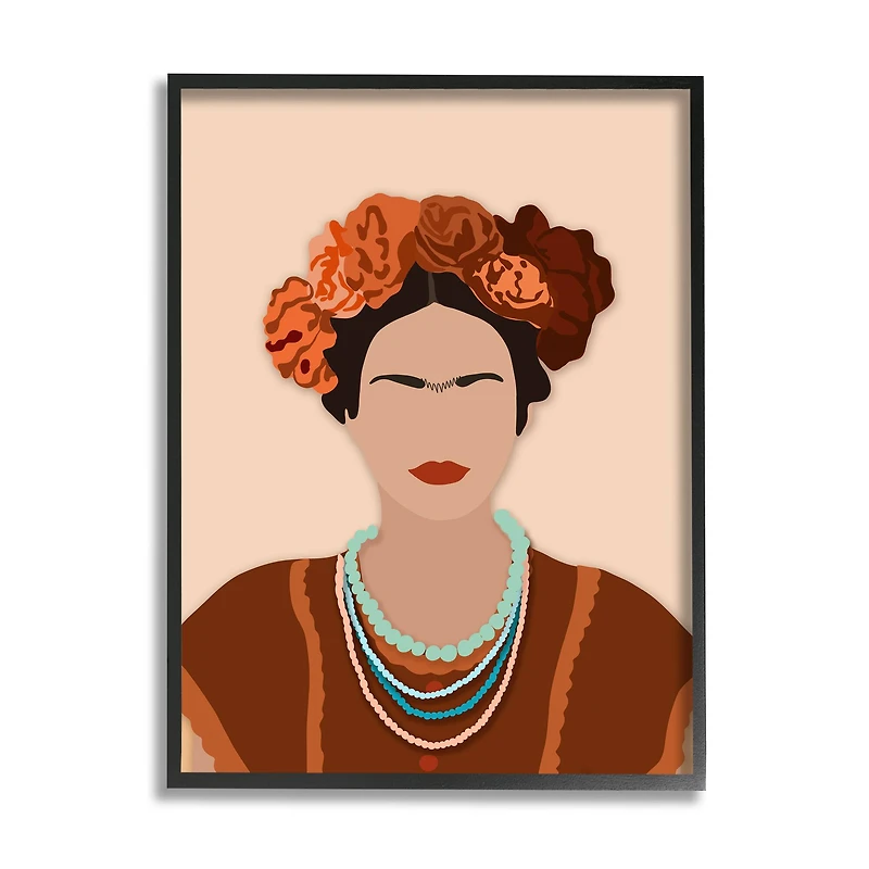 Stupell Industries Frida Artist Portrait Orange Floral Blue Bead Necklace in Frame Wall Art
