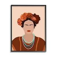 Stupell Industries Frida Artist Portrait Orange Floral Blue Bead Necklace in Frame Wall Art