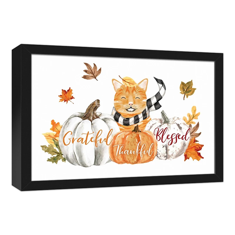 Kitty With Pumpkins Canvas Wall Art with Black Frame