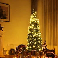 Costway 7.5ft. Snow Flocked Pencil Hinged Christmas Tree with Pinecones