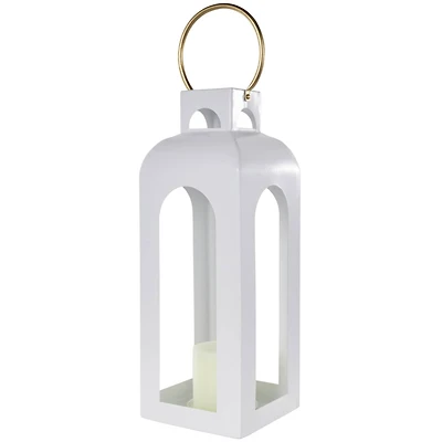 22.5" White Metal Tall Arched Cutout Candle Lantern with Gold Handle