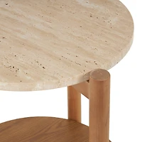 20.25" Brown Wood Handmade Round Side End Accent Table with Beige Marble Top