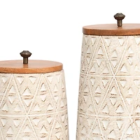 Cream Paper Mache Handmade Carved Triangle Tribal Canisters with Removable Lids Set