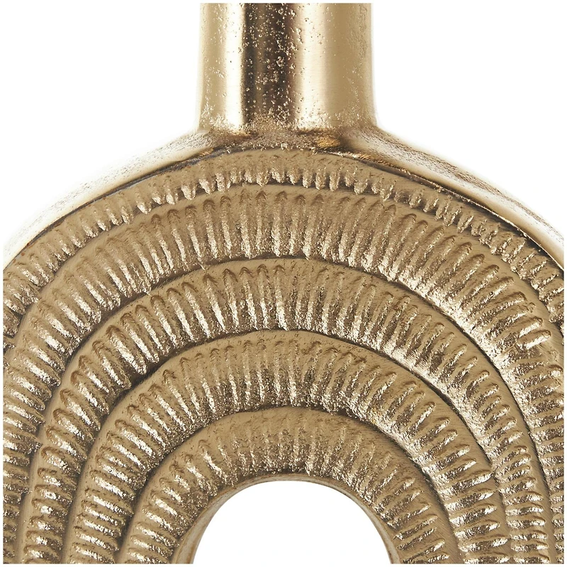 16" Gold Aluminum Metal Geometric Circular Vase with Linear Etchings