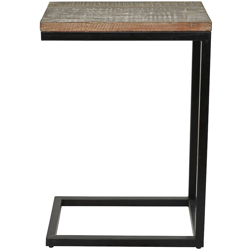 Brown Wood Distressed C-Shaped Accent Table with Black Metal Base 13" x 18" x 26"