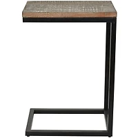 Brown Wood Distressed C-Shaped Accent Table with Black Metal Base 13" x 18" x 26"