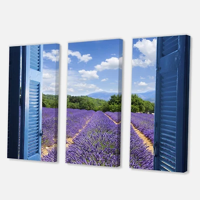 Designart - Lavender Field Through Blue Open Cottage Window