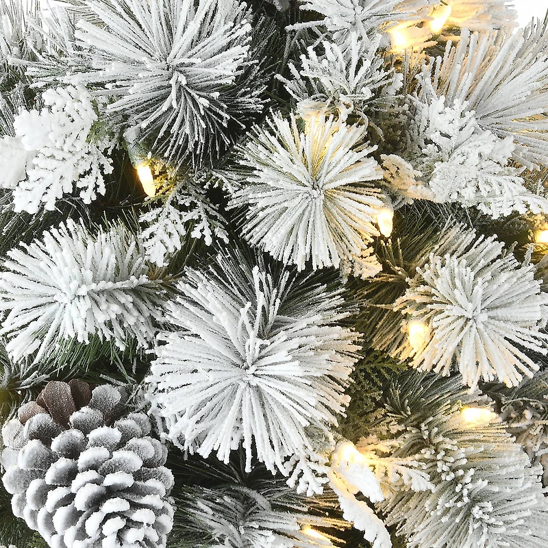 22" Pre-Lit Flocked Chiwawa Basin Pine Tree With Pinecones In Gray Pot, Clear LED Lights