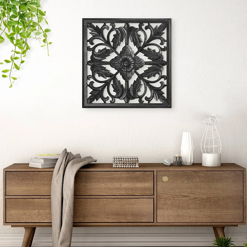 American Art Décor™ 24" Black Hand-Carved Square Arabesque Wall Medallion