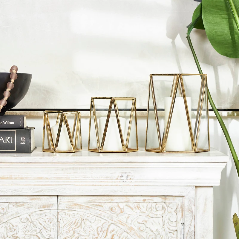CosmoLiving by Cosmopolitan Gold Geometric Hexagon Candle Lantern Set
