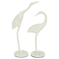 Set of 2 White Metal Coastal Bird Sculpture, 10", 12"