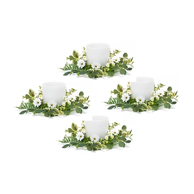 17" White Mixed Foliage & Daisy Candle Rings, 4ct.