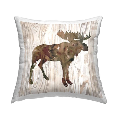 Stupell Industries Brown Watercolor Moose Silhouette Rustic Grain Pattern Throw Pillow 18" x 18"