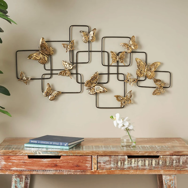 Gold Metal Butterfly Wall Décor with Black Open Rectangles
