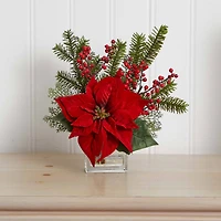 14" Potted Poinsettia, Pine & Berry Artificial Arrangement