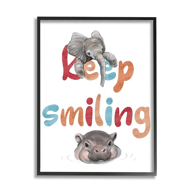 Stupell Industries Keep Smiling Motivational Children's Phrase Baby Elephant Hippo Framed Wall Art