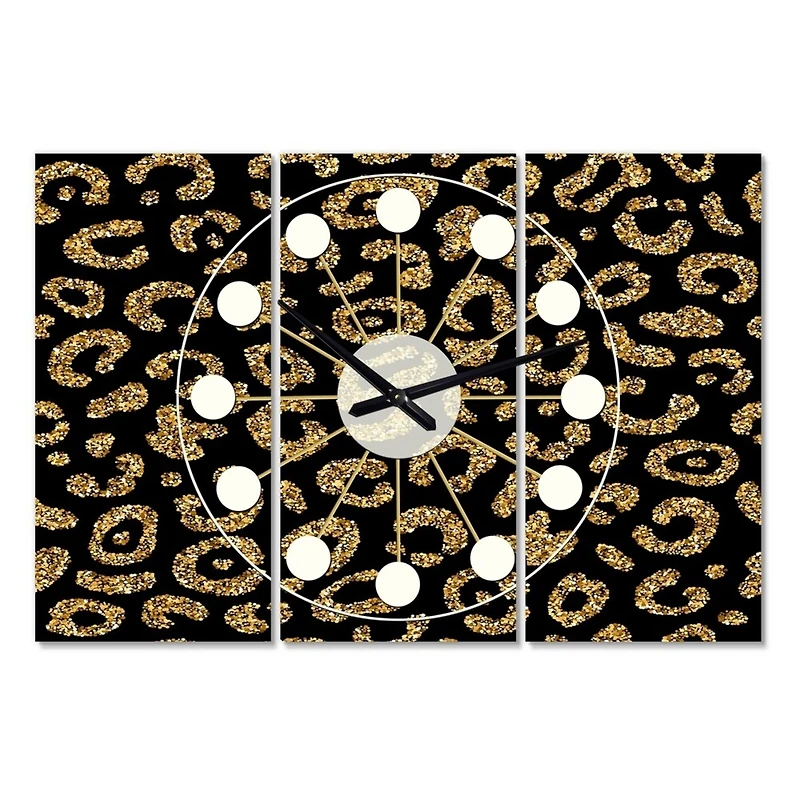 Designart Golden Leopard Fur Oversized Mid-Century Modern 3 Panel Wall Clock