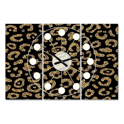 Designart Golden Leopard Fur Oversized Mid-Century Modern 3 Panel Wall Clock