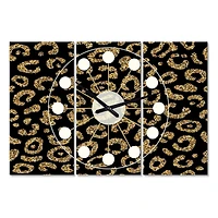 Designart Golden Leopard Fur Oversized Mid-Century Modern 3 Panel Wall Clock