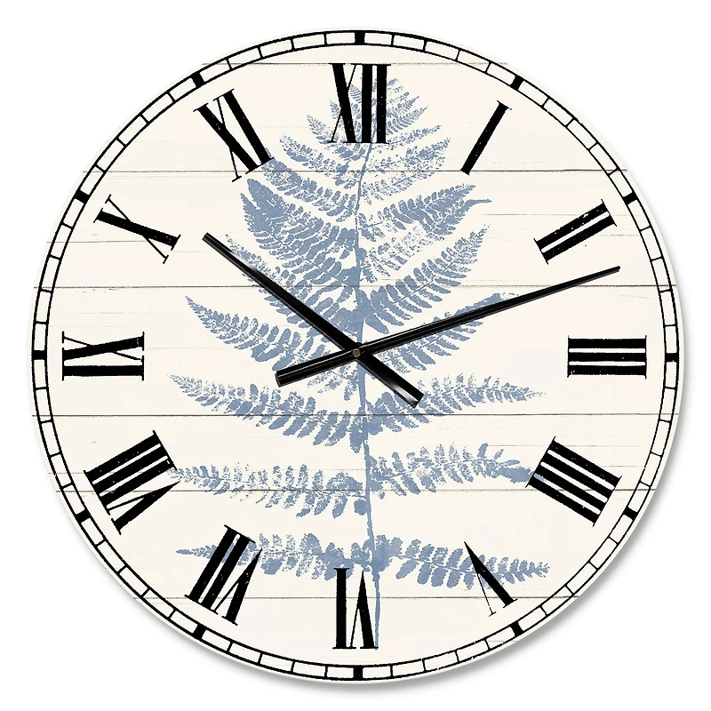 Designart 'Blue Fern Print On Wood Ii Traditional Wall Clock